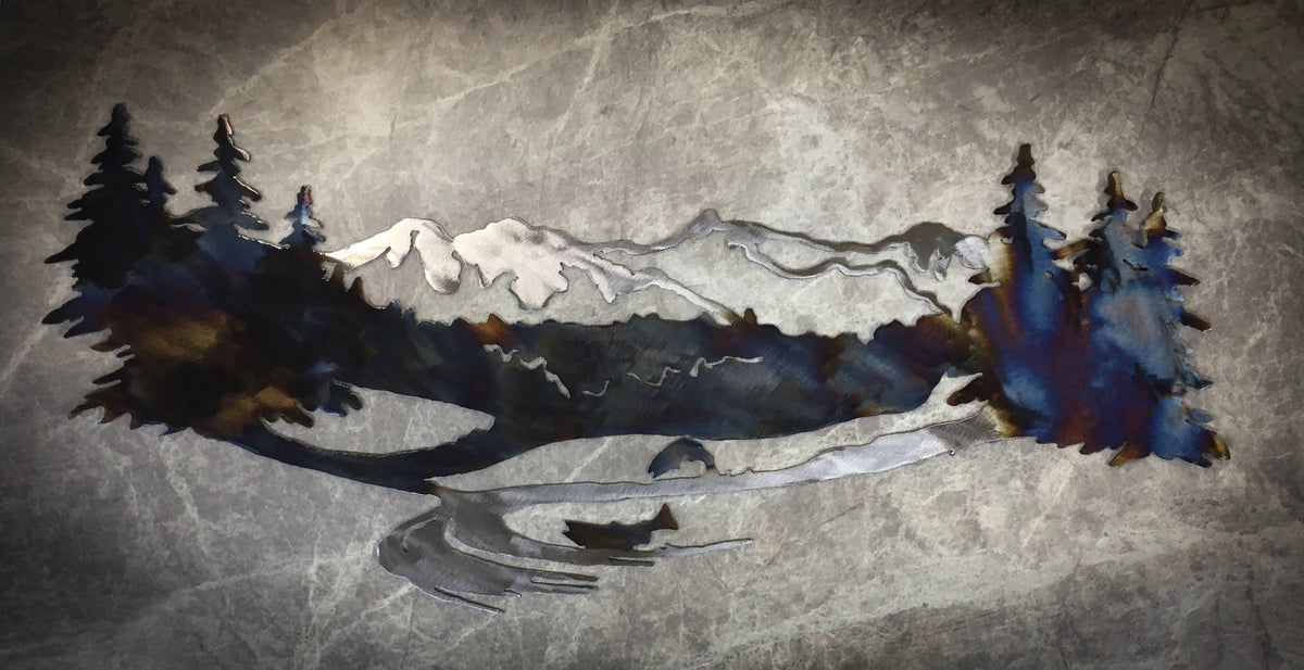 Heat-Treated Metal Mountain Scene Wall Art: Cabin Lodge Decor