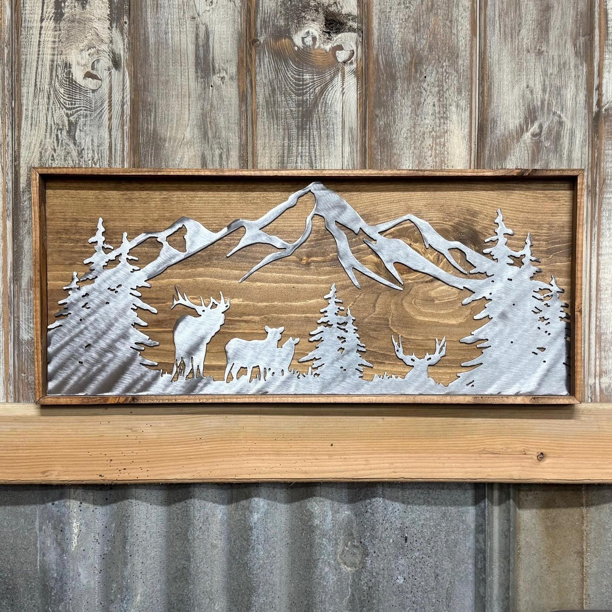 Elk & Mule Deer Mountain Scene: Polished Metal Cabin Decor