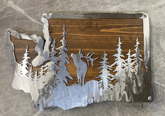Custom State Metal Art: Elk & Trees, Wildlife Decor
