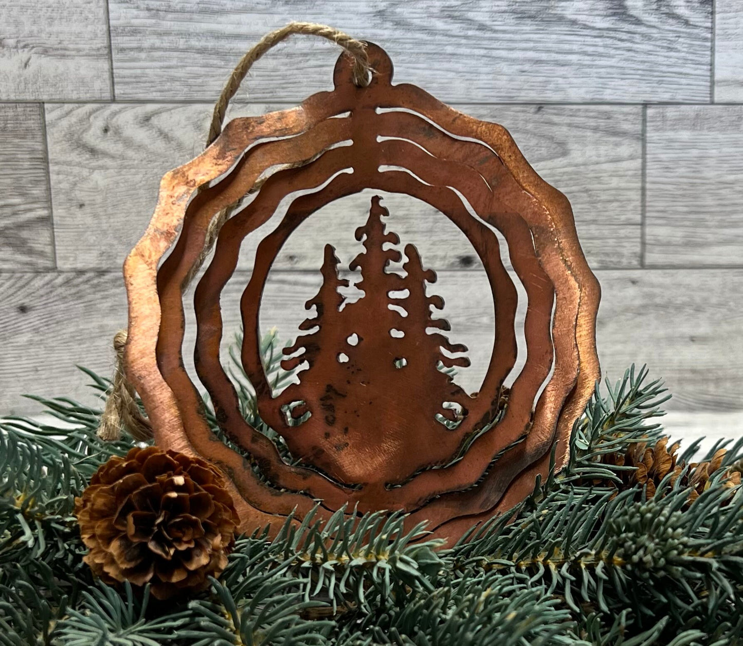 Rustic Copper Patina Metal Tree Ornament: Cabin Decor