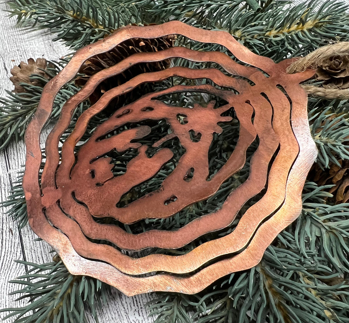 Rustic Copper Patina Metal 3D Nativity Ornament - Cabin Christmas Decor