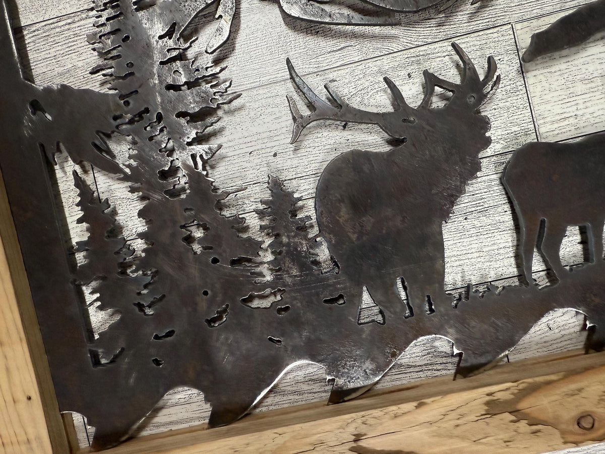 Elk & Mountain Scene Saw Blade Art: Rustic Lodge Cabin Decor