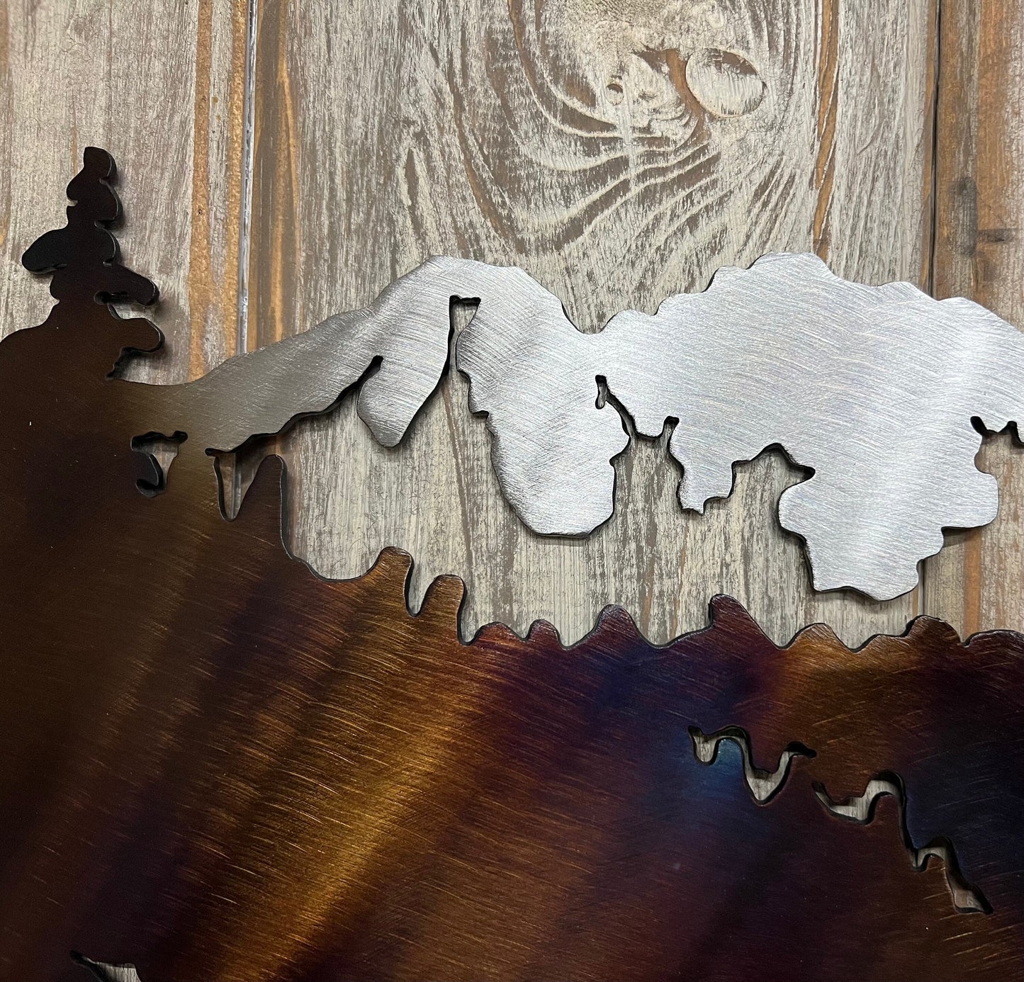 Metal Elk Mountain Scene Wall Art: Heat-Colored Cabin Lodge Decor