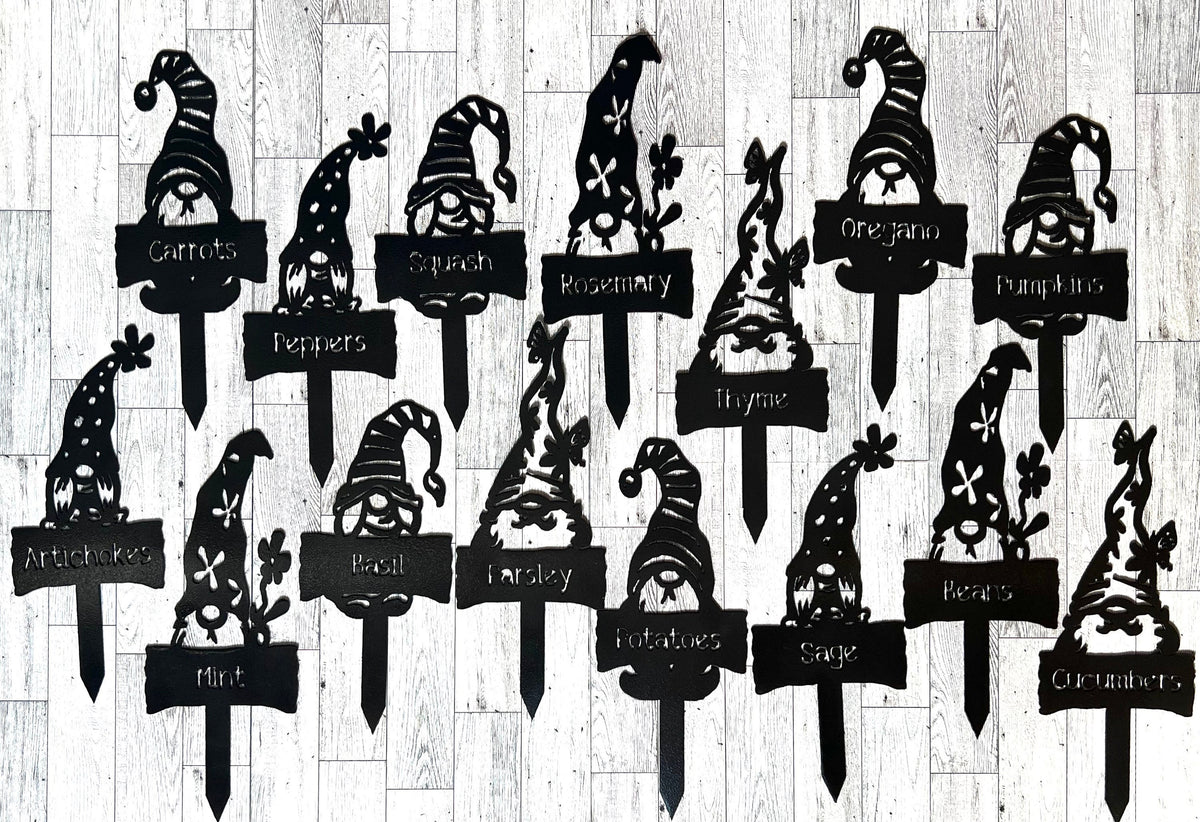 Metal Garden Gnome Vegetable Markers: Rustic Garden Decor