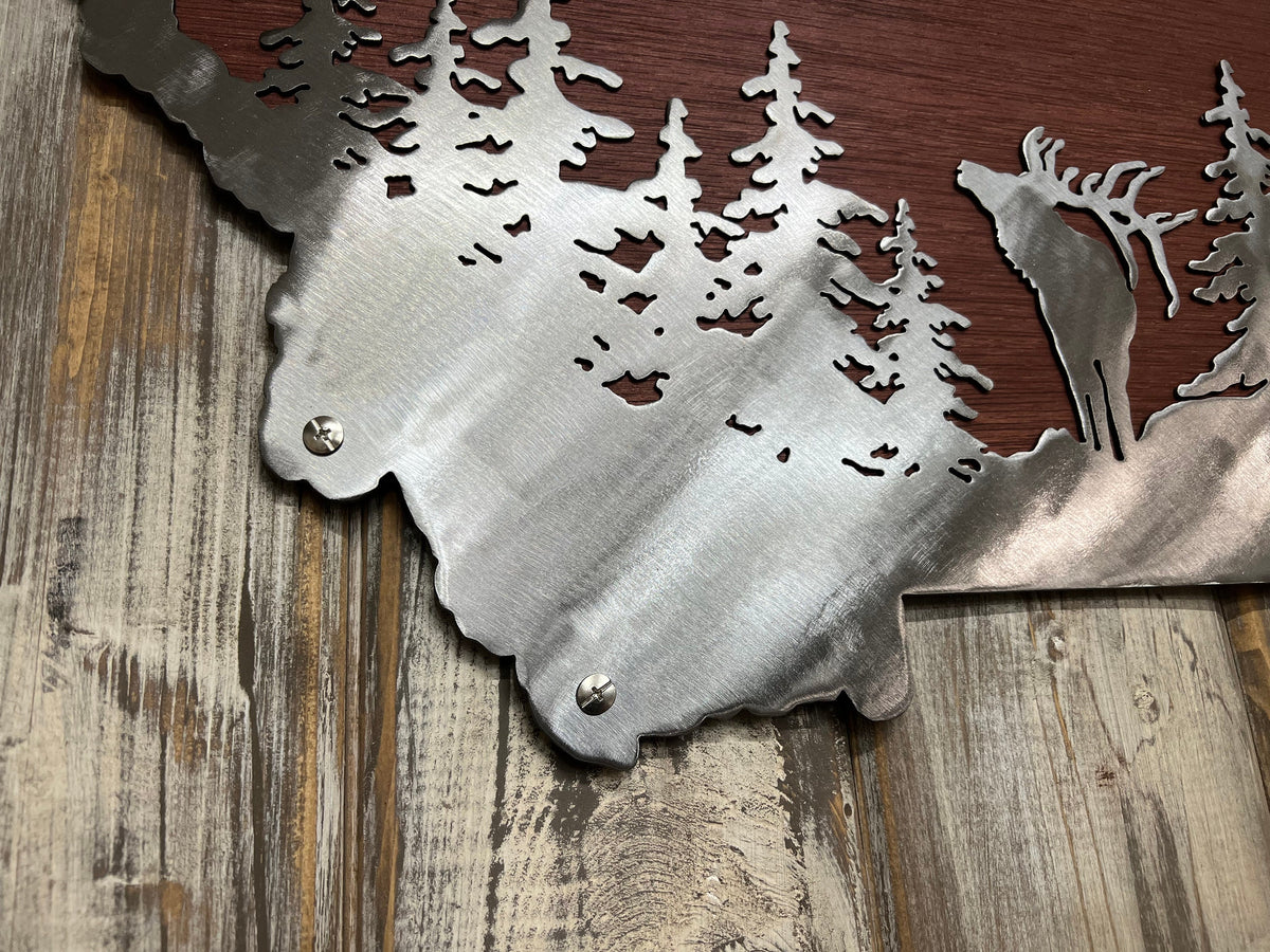 Custom State Metal Art: Elk & Trees, Wildlife Decor