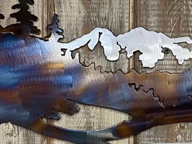 Heat-Treated Metal Mountain Scene Wall Art: Cabin Lodge Decor