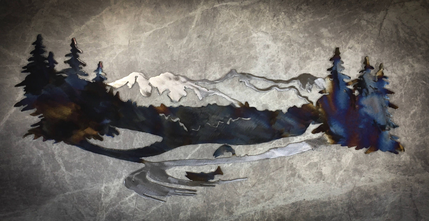 Heat-Treated Metal Mountain Scene Wall Art: Cabin Lodge Decor
