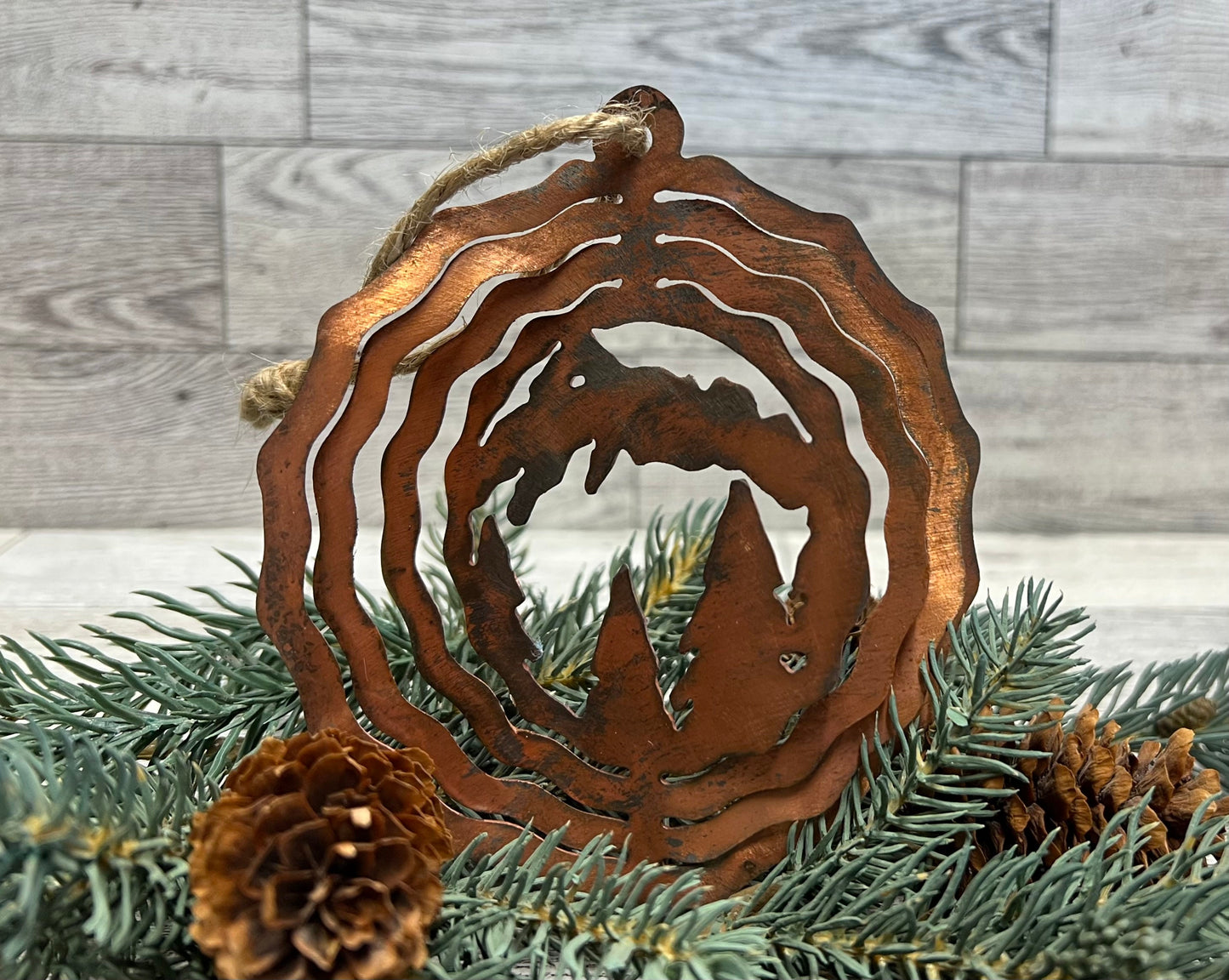 Rustic Copper Patina Metal Mountain & Trees Ornament - Cabin Decor