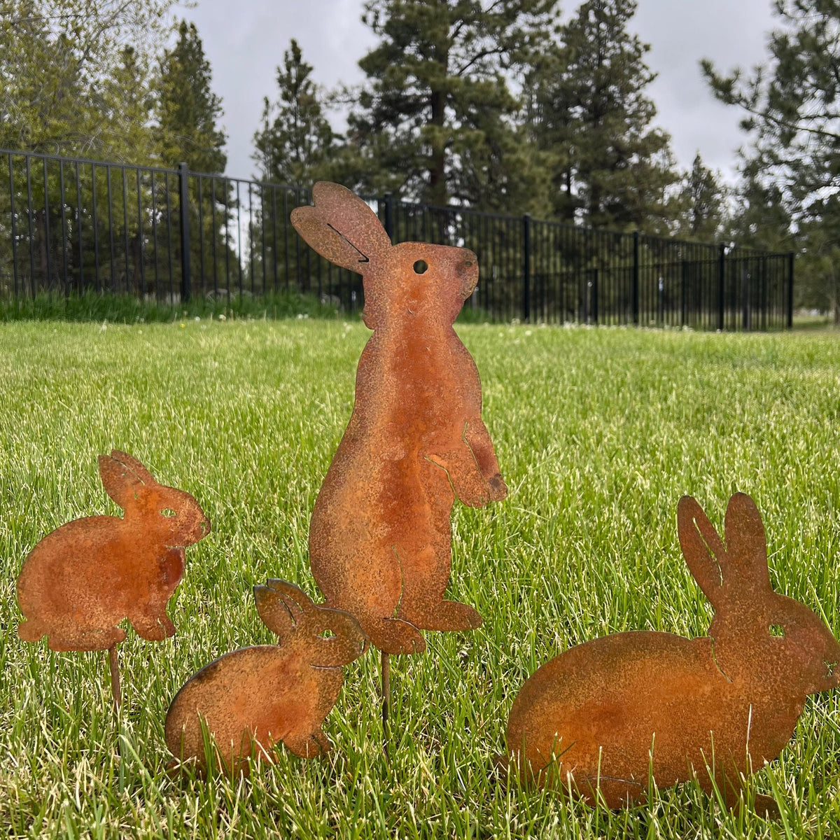 Rusty Bunny Garden Stakes - Set of 4 - Metal Rabbit Decor