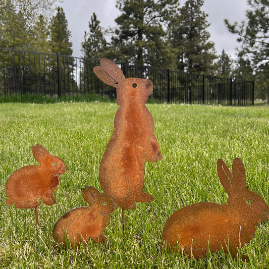 Rusty Bunny Garden Stakes - Set of 4 - Metal Rabbit Decor