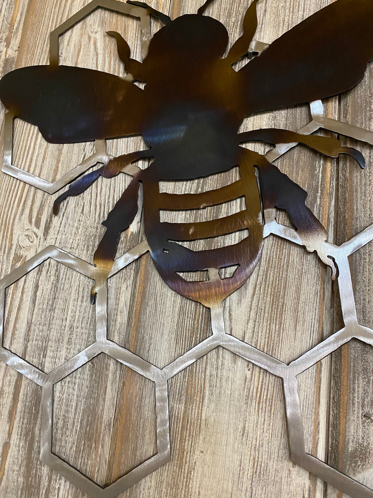 Metal Bee on Honeycomb: Heat-Treated Garden Decor