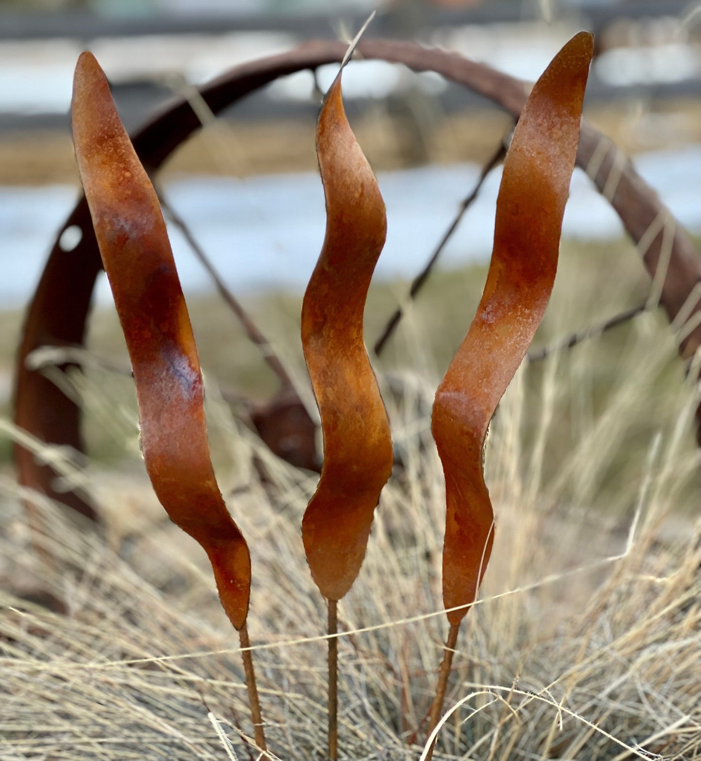 Wavy Rusty Garden Stakes: Rustic Metal Garden Art