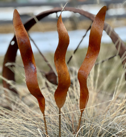 Wavy Rusty Garden Stakes: Rustic Metal Garden Art