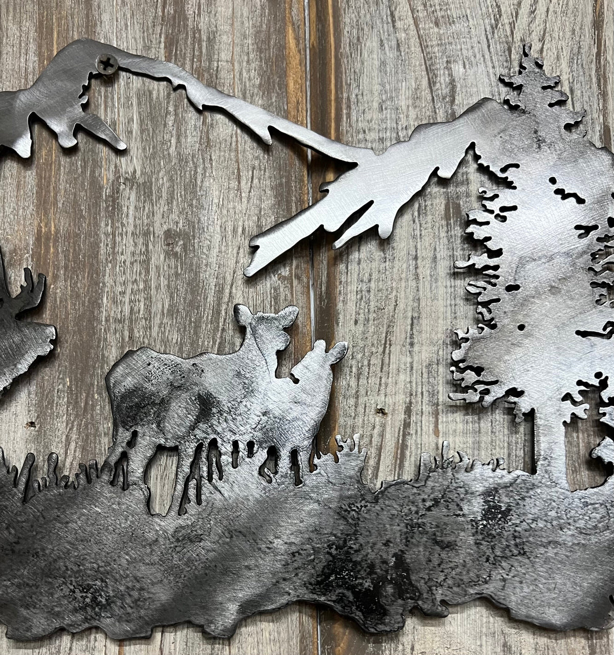 Metal Elk Mountain Scene: Cabin Lodge Wall Art
