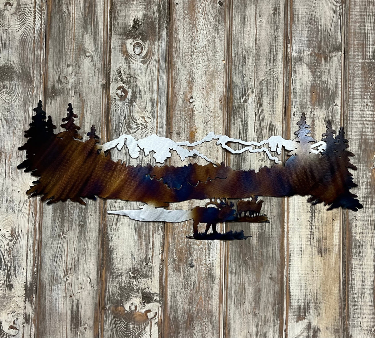 Metal Elk Mountain Scene Wall Art: Heat-Colored Cabin Lodge Decor