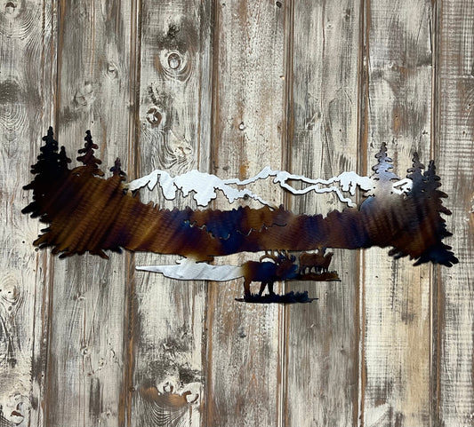 Metal Elk Mountain Scene Wall Art: Heat-Colored Cabin Lodge Decor