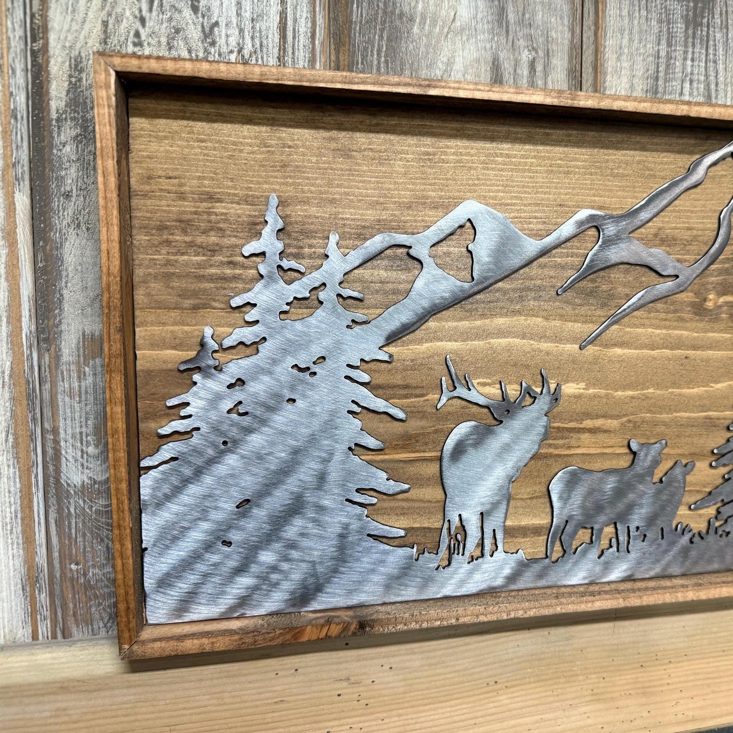 Elk & Mule Deer Mountain Scene: Polished Metal Cabin Decor