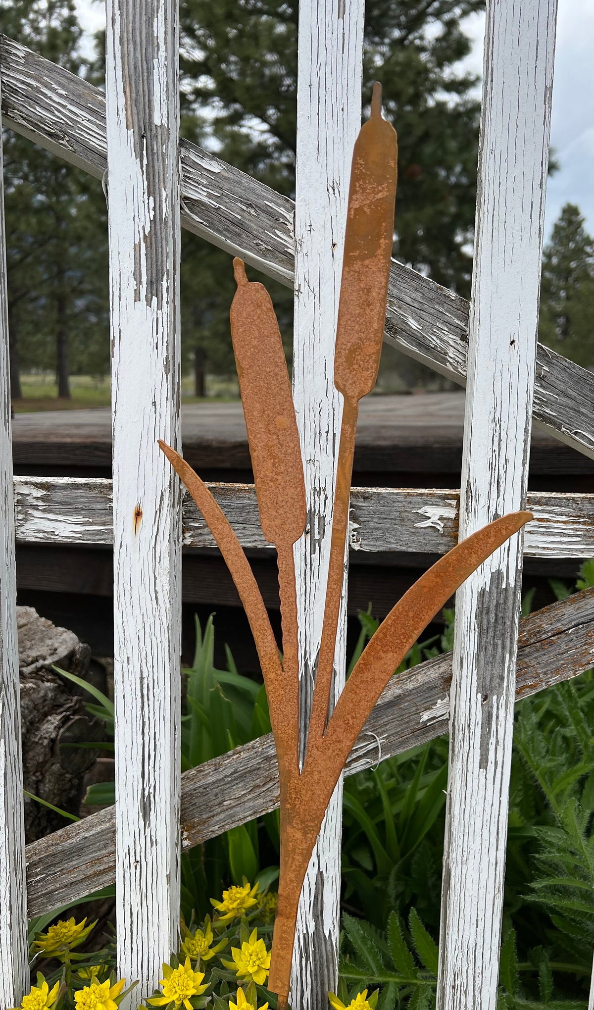 Rusty Metal Cattail Garden Stakes: Natural Rust Finish