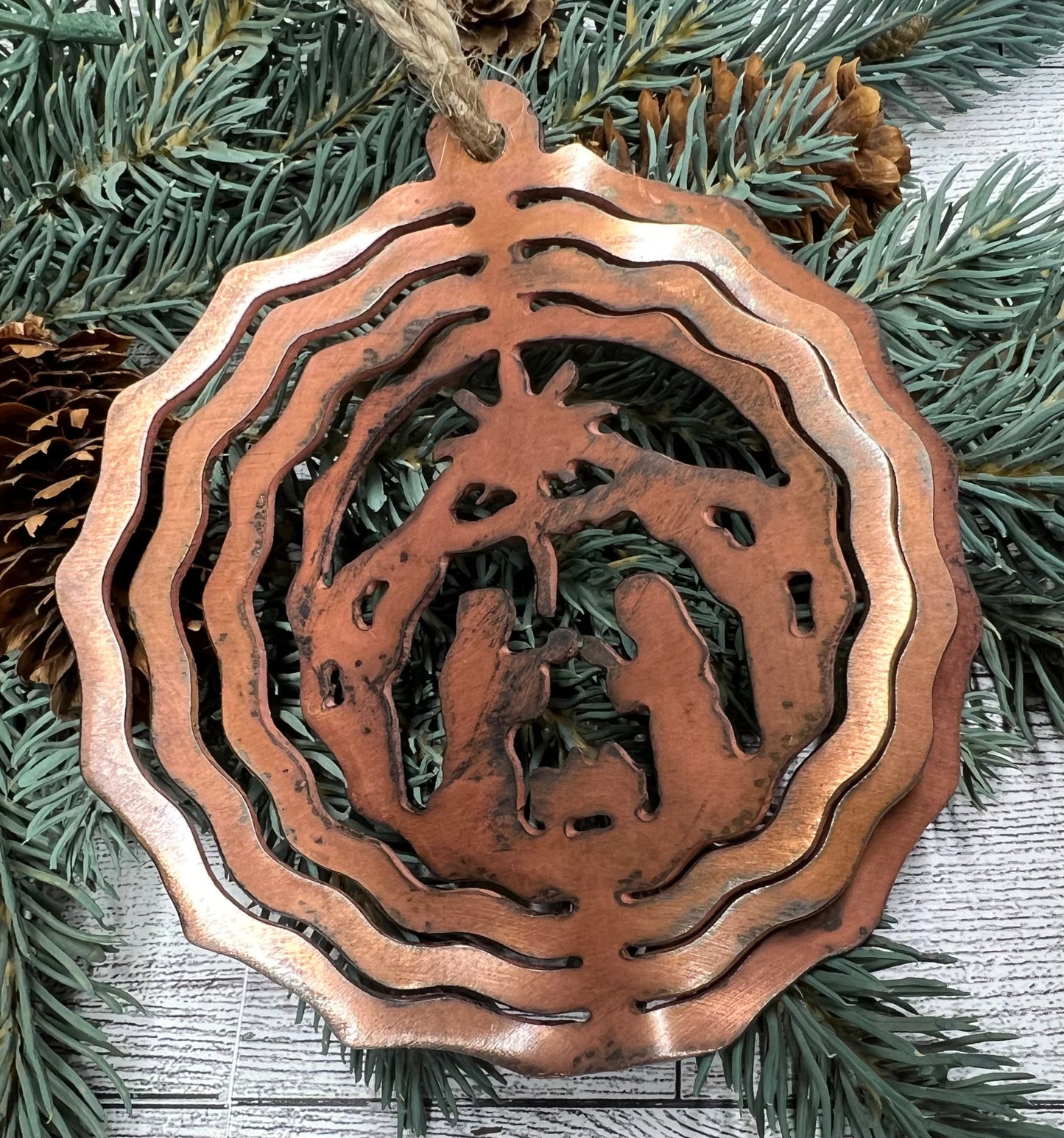 Rustic Copper Patina Metal 3D Nativity Ornament - Cabin Christmas Decor