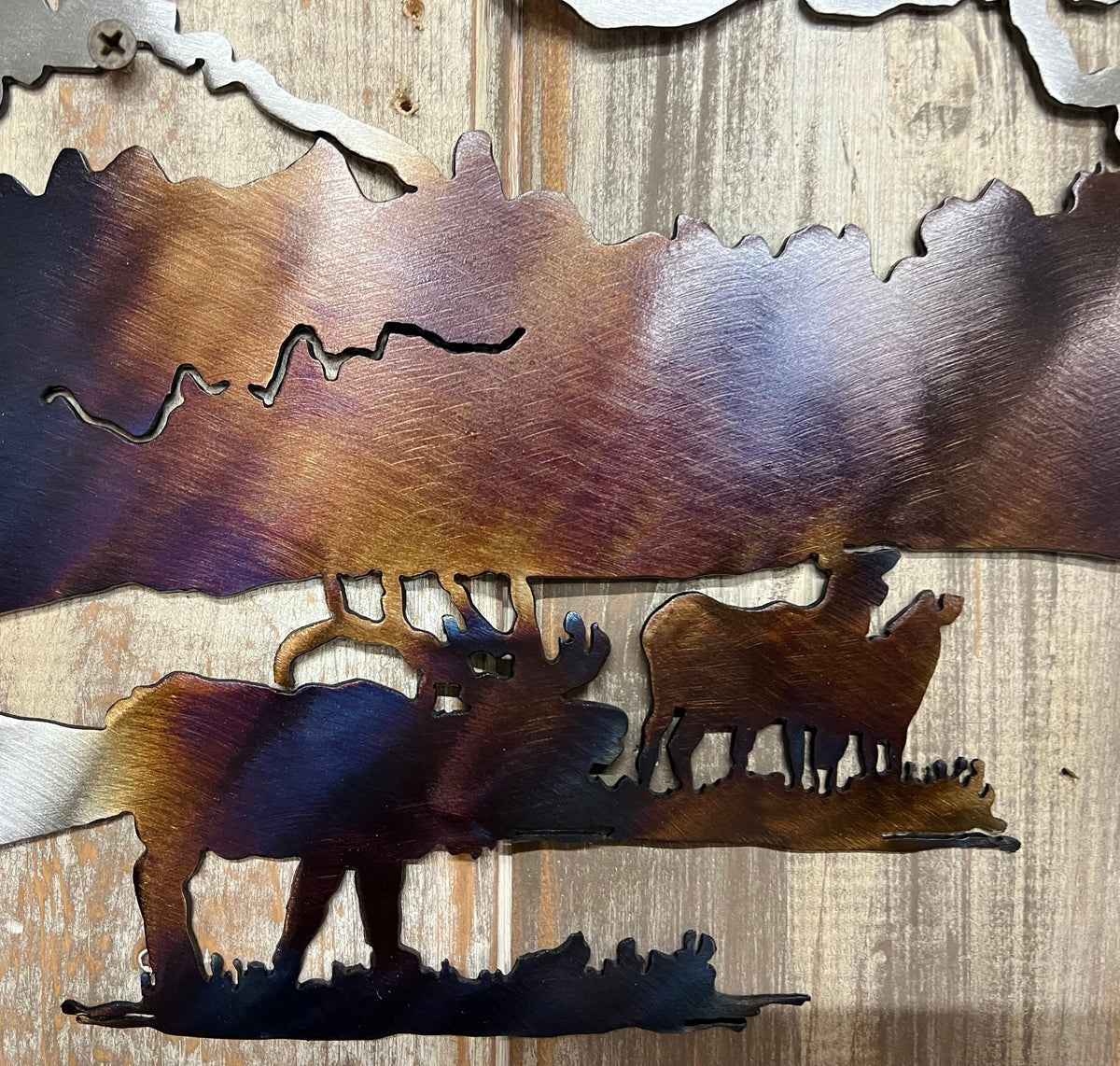 Metal Elk Mountain Scene Wall Art: Heat-Colored Cabin Lodge Decor