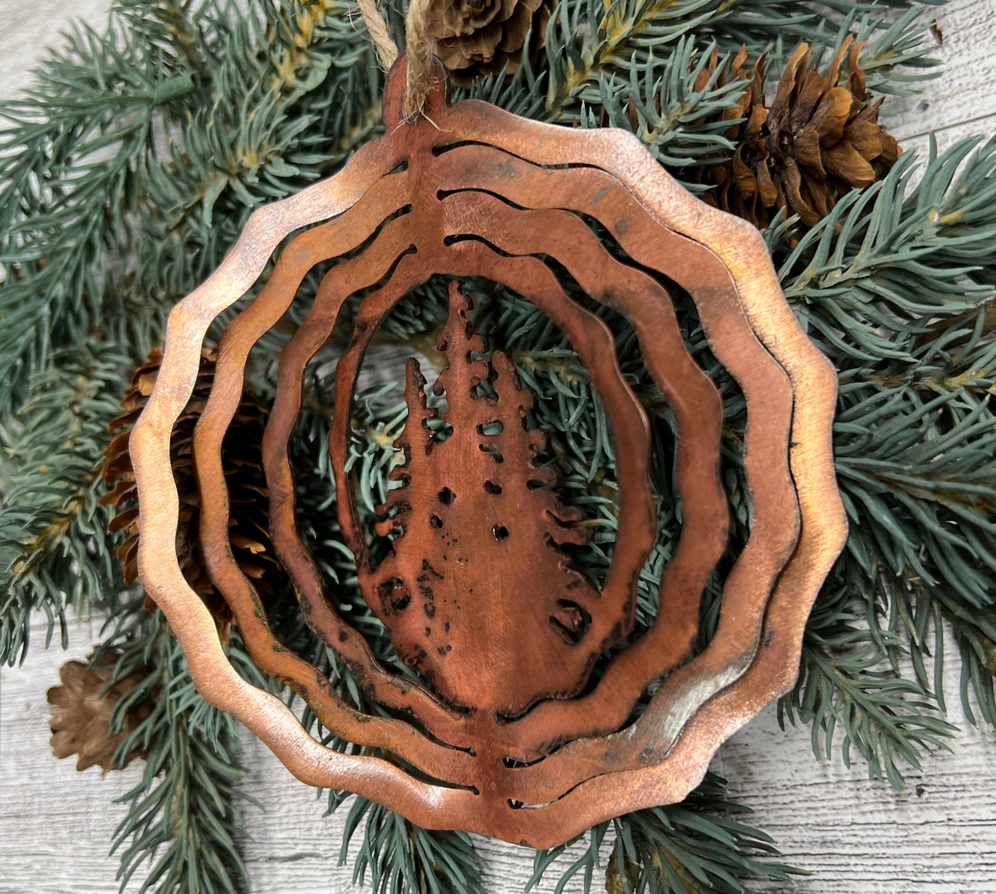 Rustic Copper Patina Metal Tree Ornament: Cabin Decor