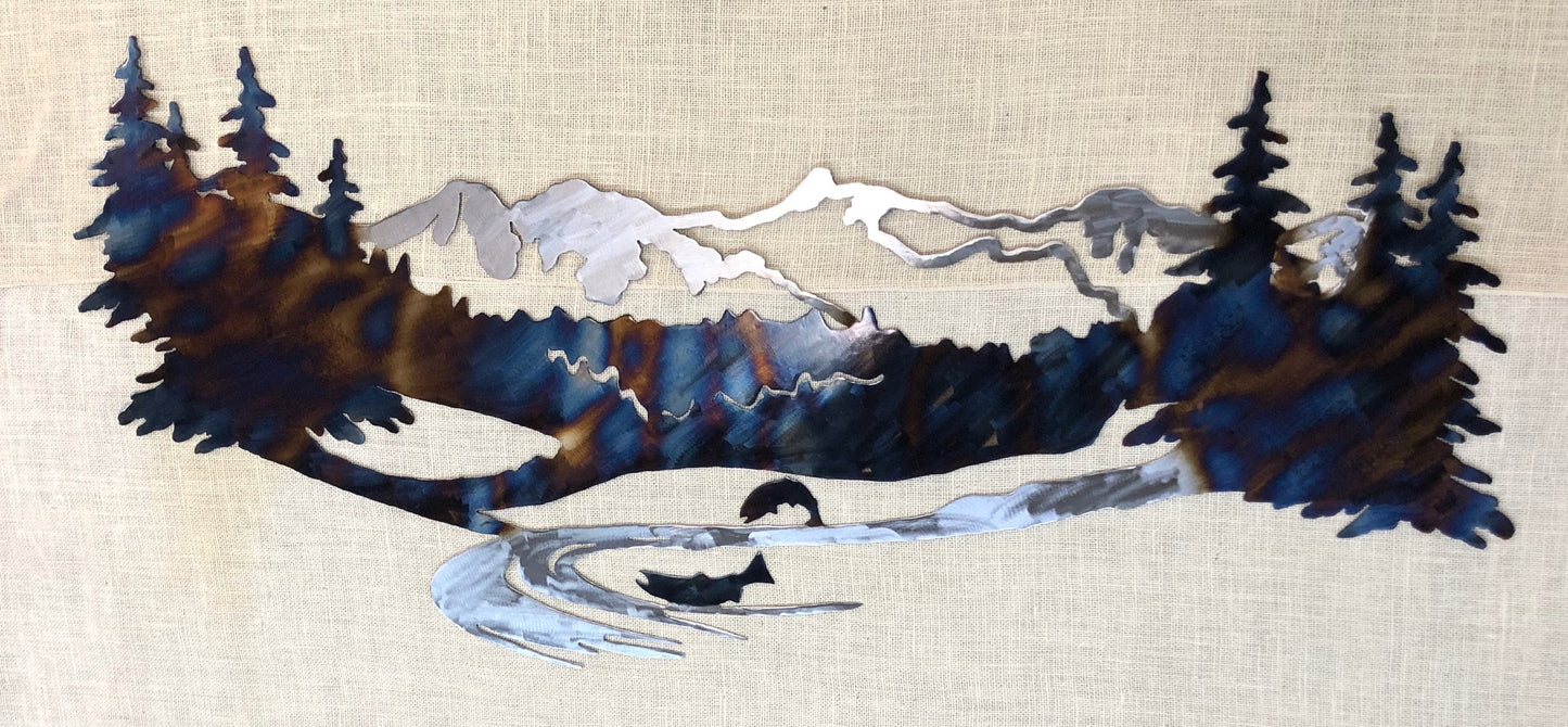 Heat-Treated Metal Mountain Scene Wall Art: Cabin Lodge Decor