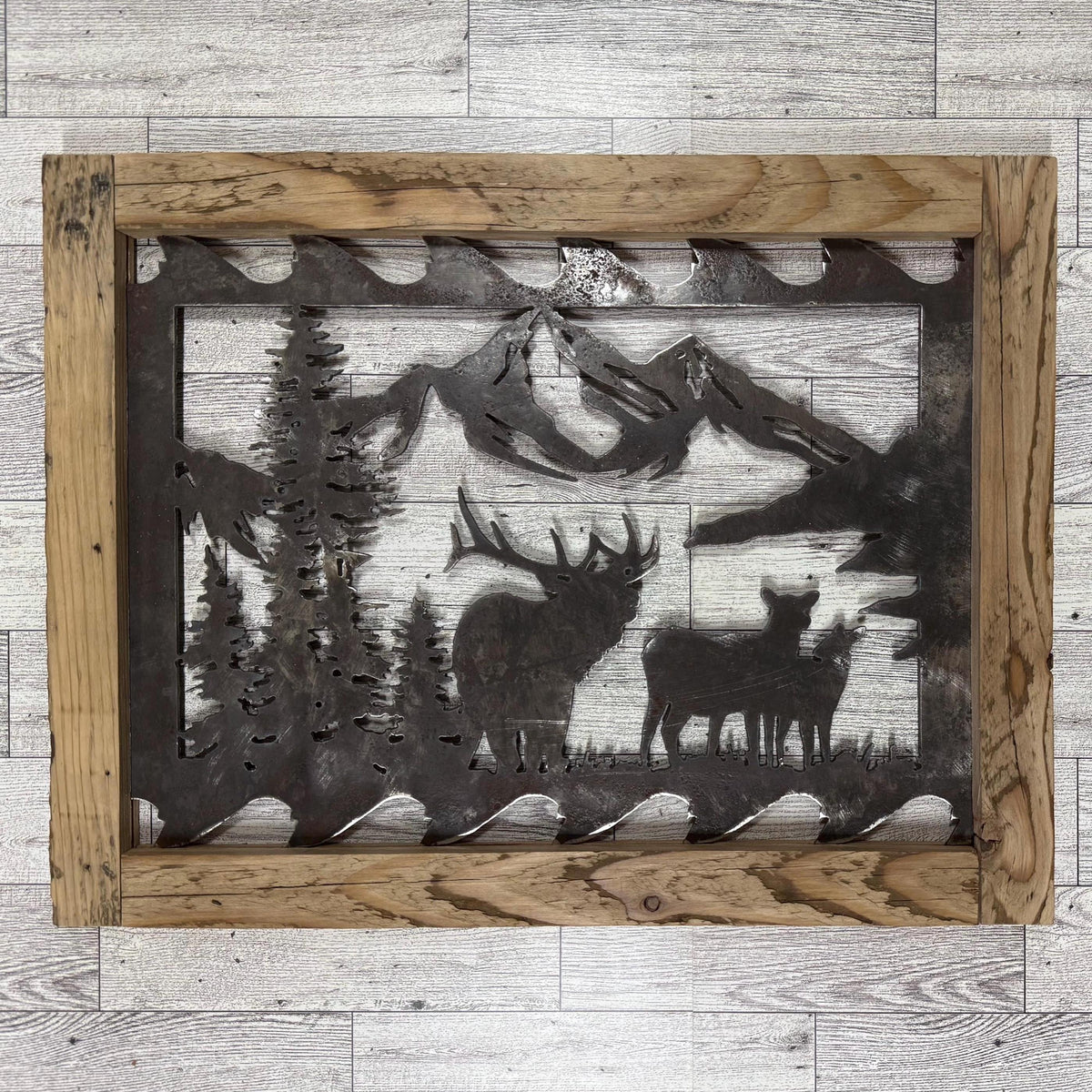 Elk & Mountain Scene Saw Blade Art: Rustic Lodge Cabin Decor
