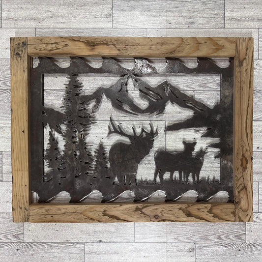 Elk & Mountain Scene Saw Blade Art: Rustic Lodge Cabin Decor