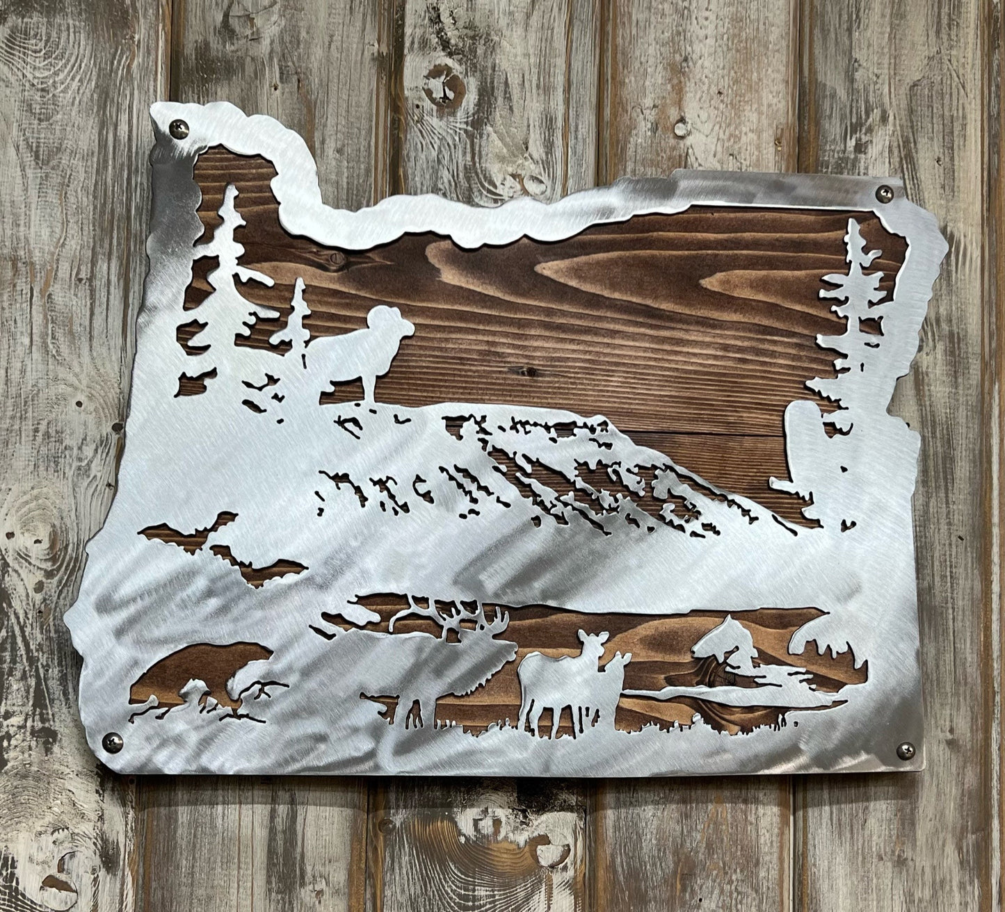 Custom State Metal Art: Elk & Trees, Wildlife Decor