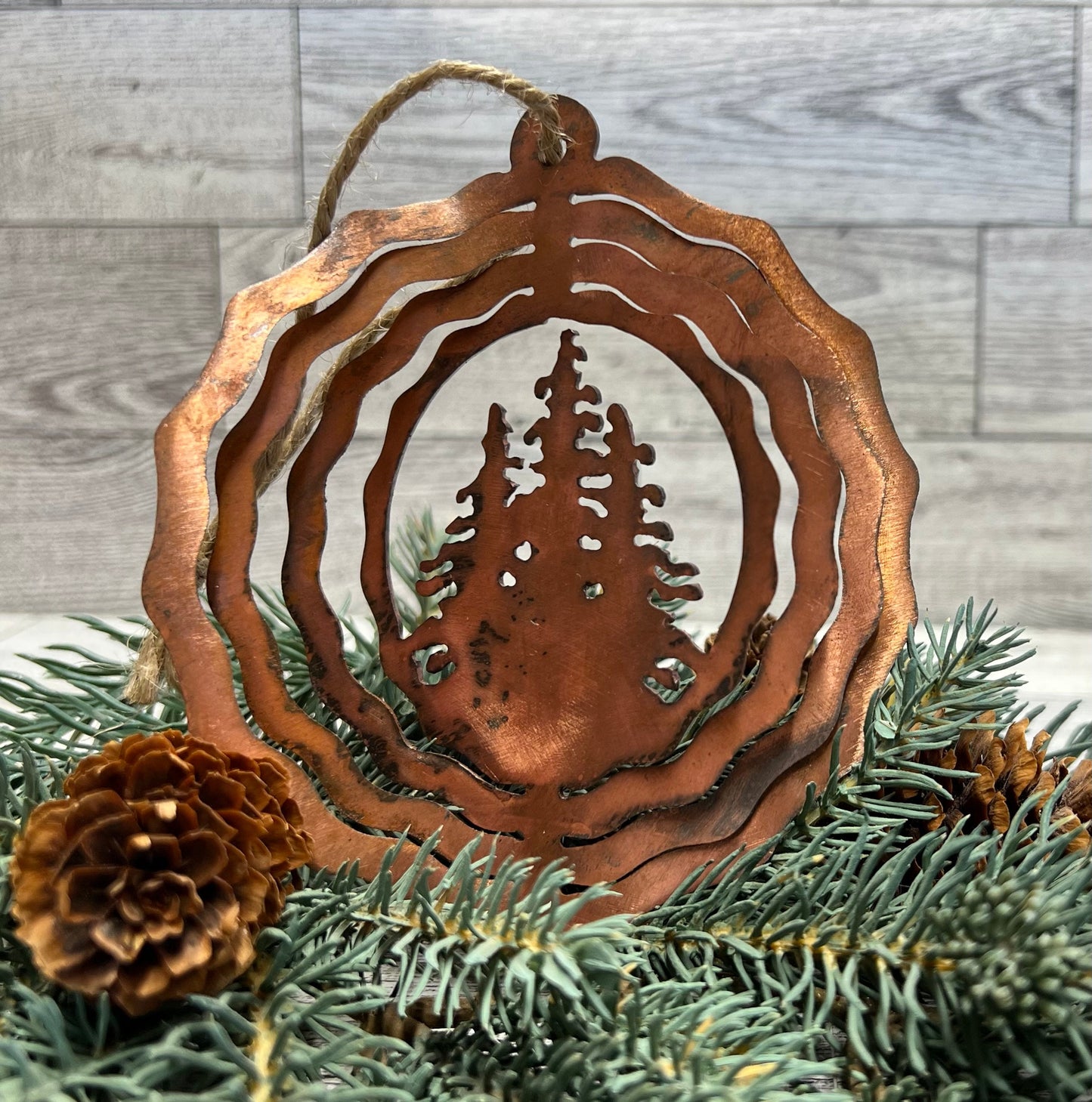 Rustic Copper Patina Metal Tree Ornament: Cabin Decor
