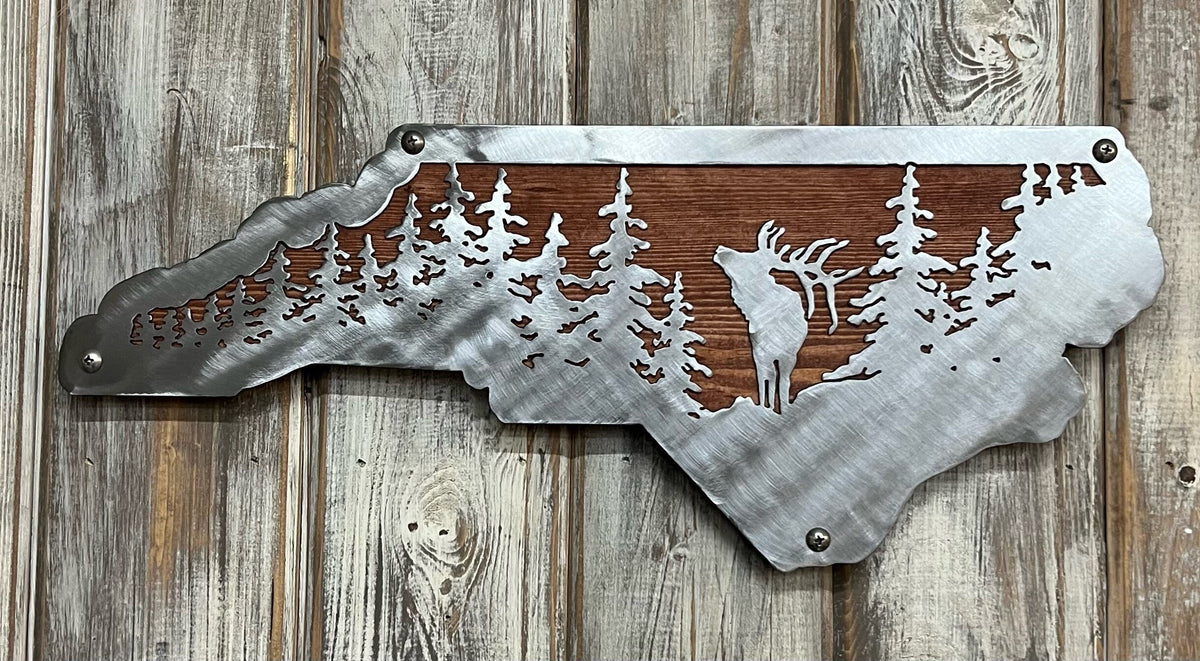 Custom State Metal Art: Elk & Trees, Wildlife Decor