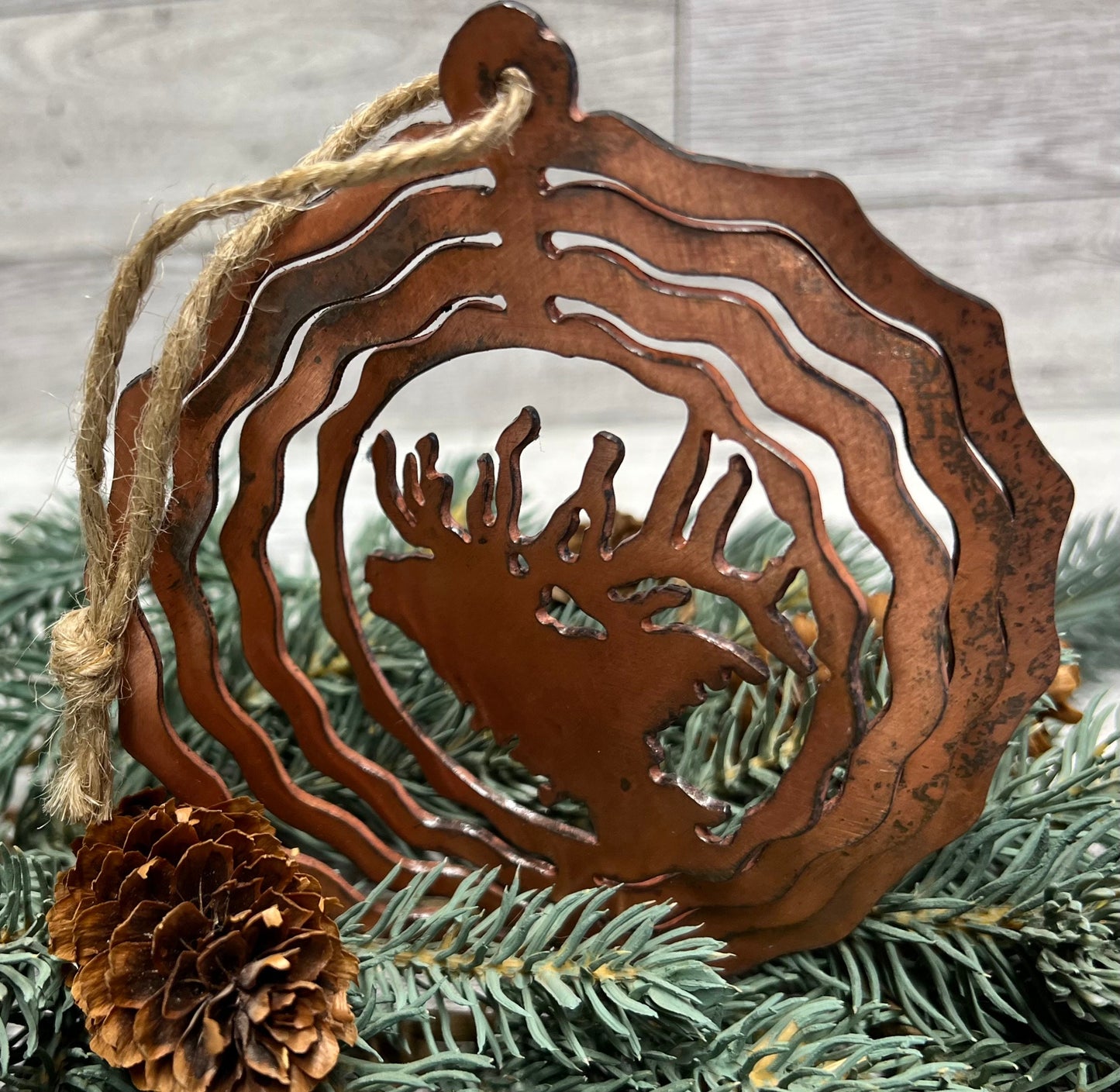 Rustic Copper Patina Metal Elk Ornament: 3-D Cabin Decor