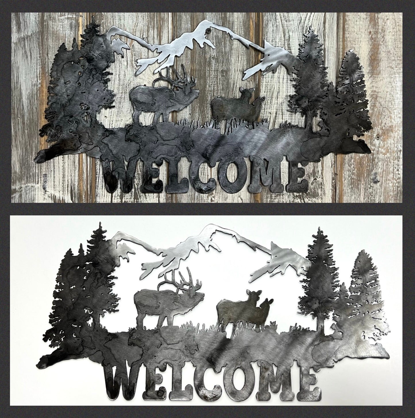 Metal Mountain Scene Welcome Sign: Elk Cabin Decor