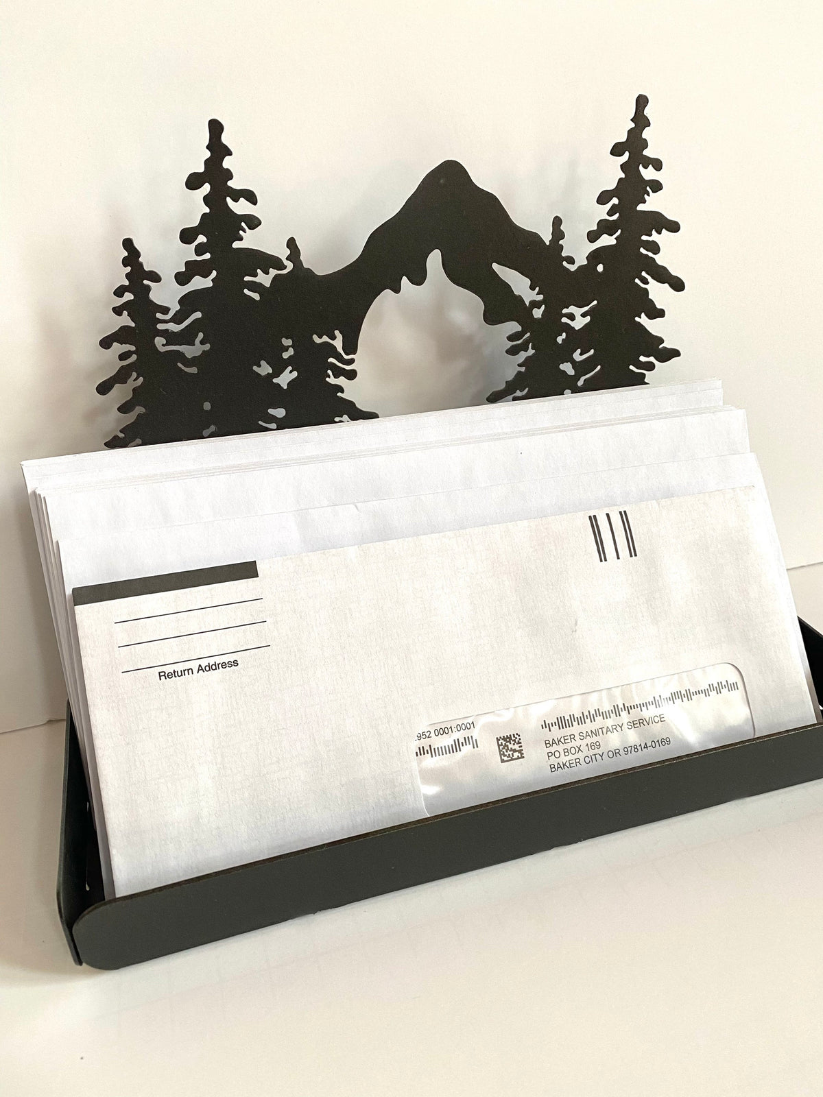 Metal Mountain Scene Mail Organizer: Cabin Decor Bill Sorter