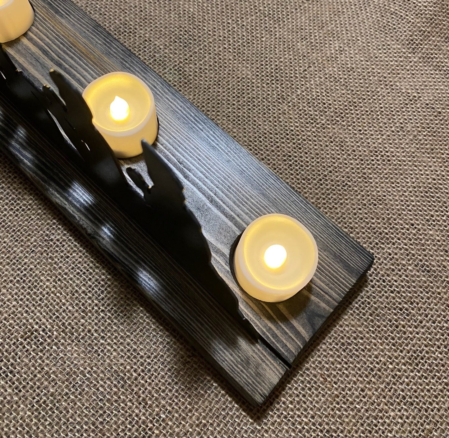 Metal Nativity Scene with Ebony Wood Base & LED Candles