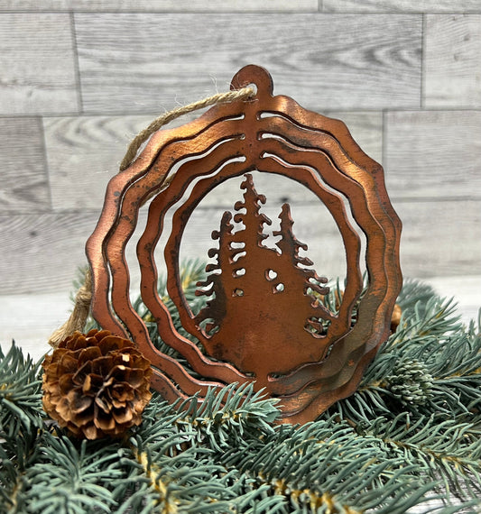 Rustic Copper Patina Metal Tree Ornament: Cabin Decor