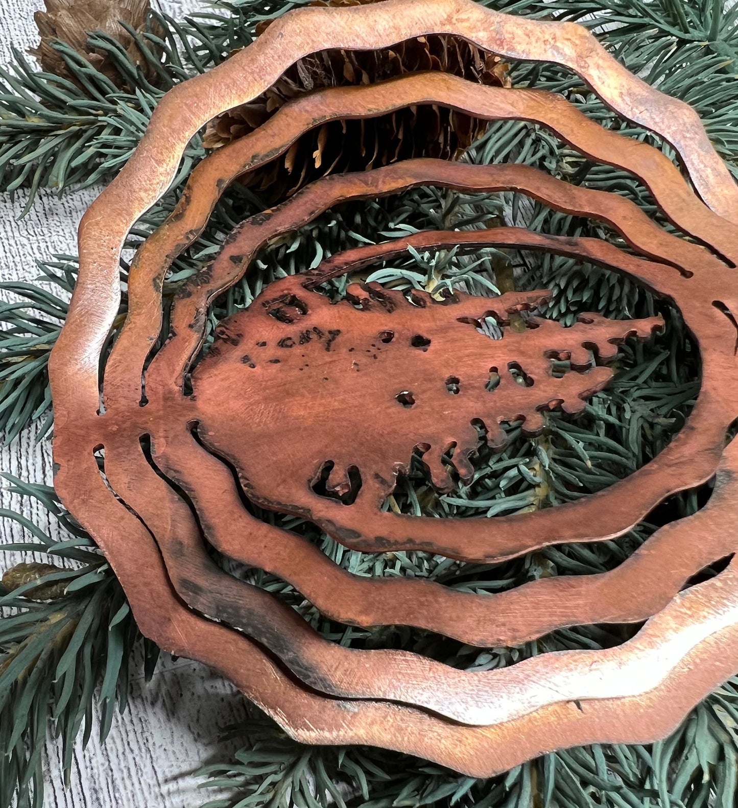 Rustic Copper Patina Metal Tree Ornament: Cabin Decor