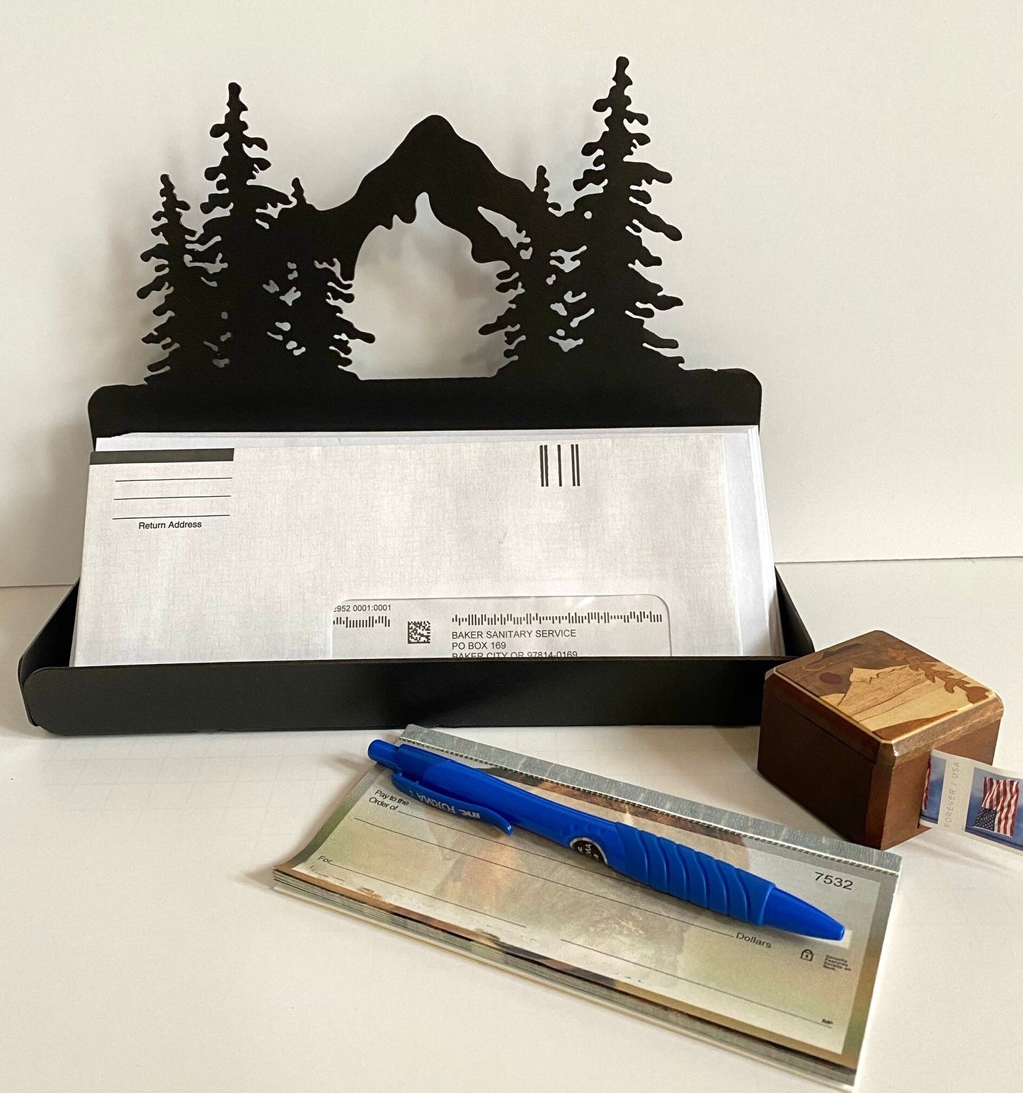 Metal Mountain Scene Mail Organizer: Cabin Decor Bill Sorter