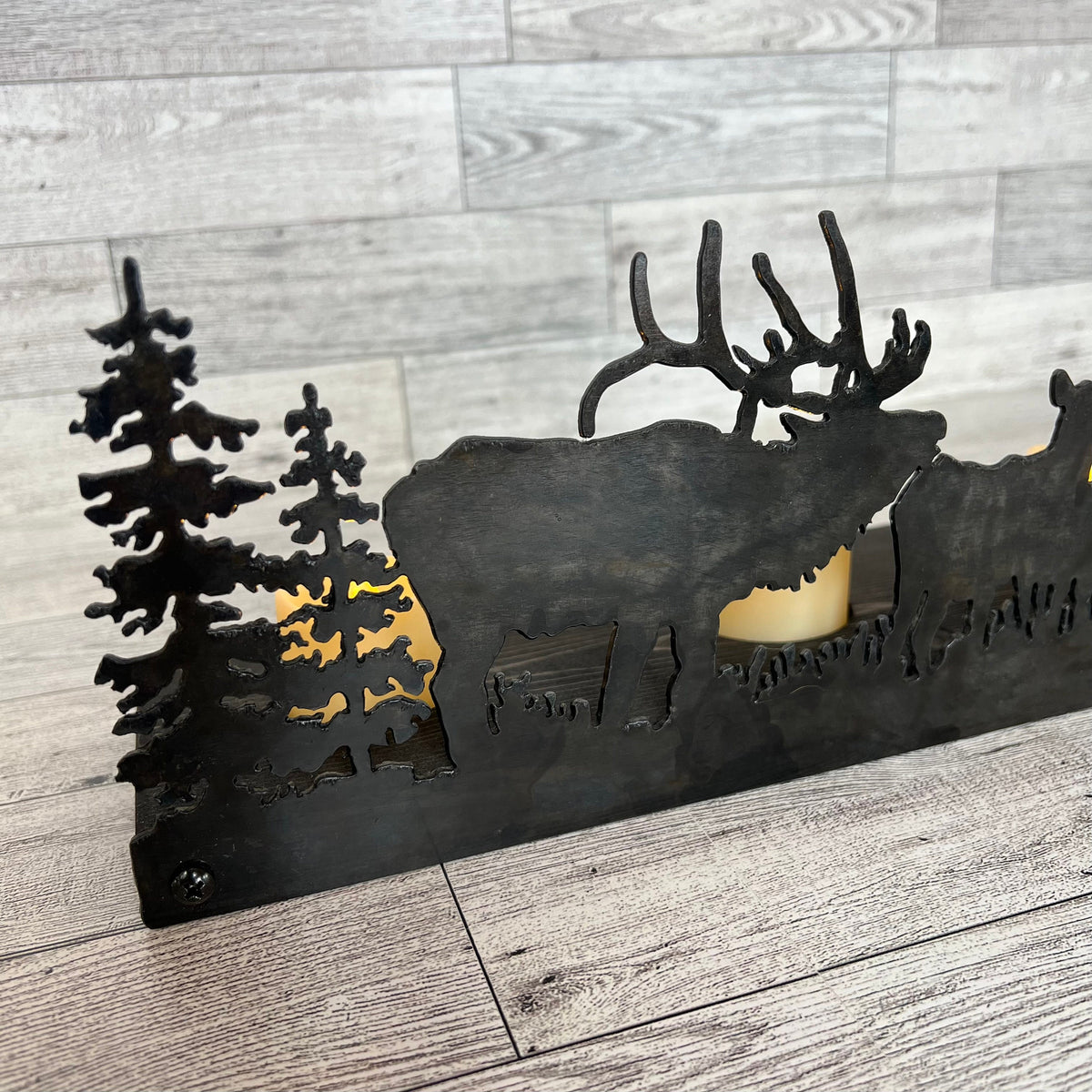 Elk Scene Candle Holder: Rustic Cabin Decor with LED Candles