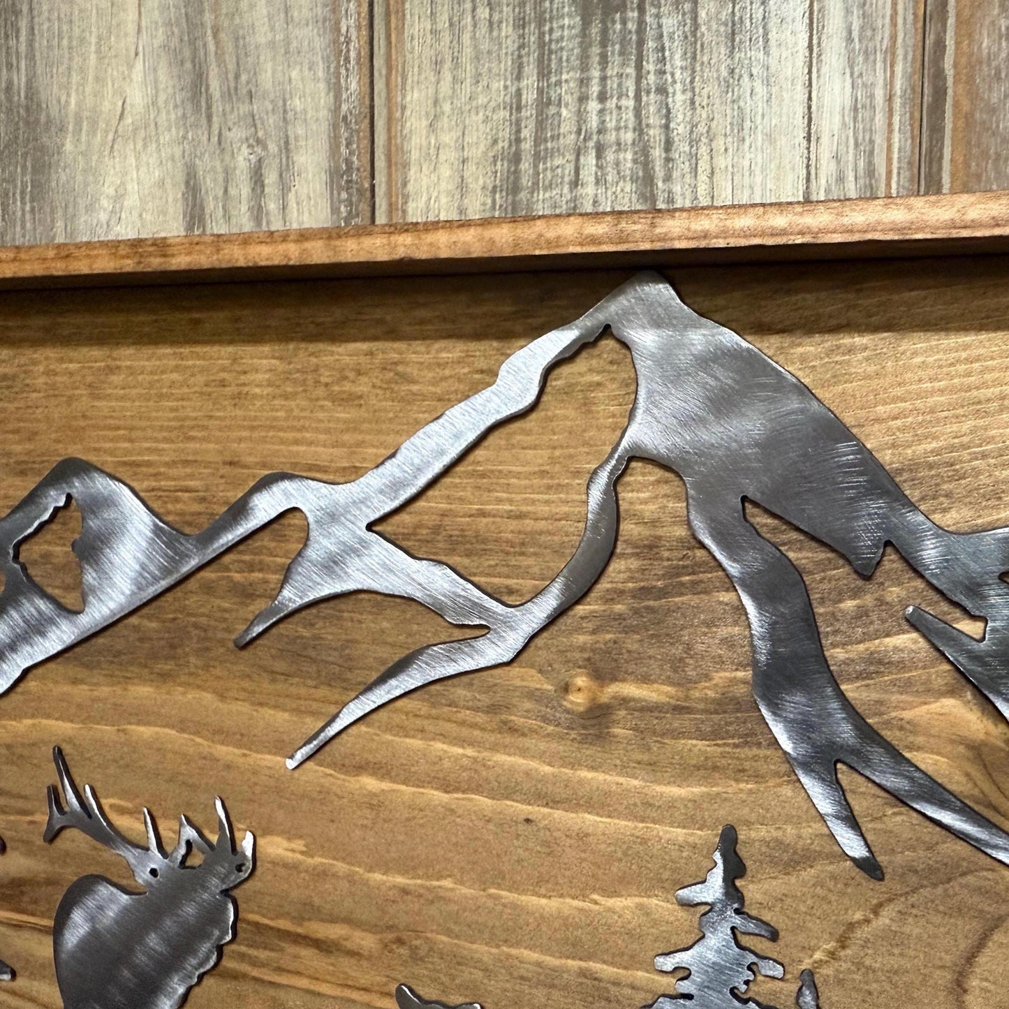 Elk & Mule Deer Mountain Scene: Polished Metal Cabin Decor