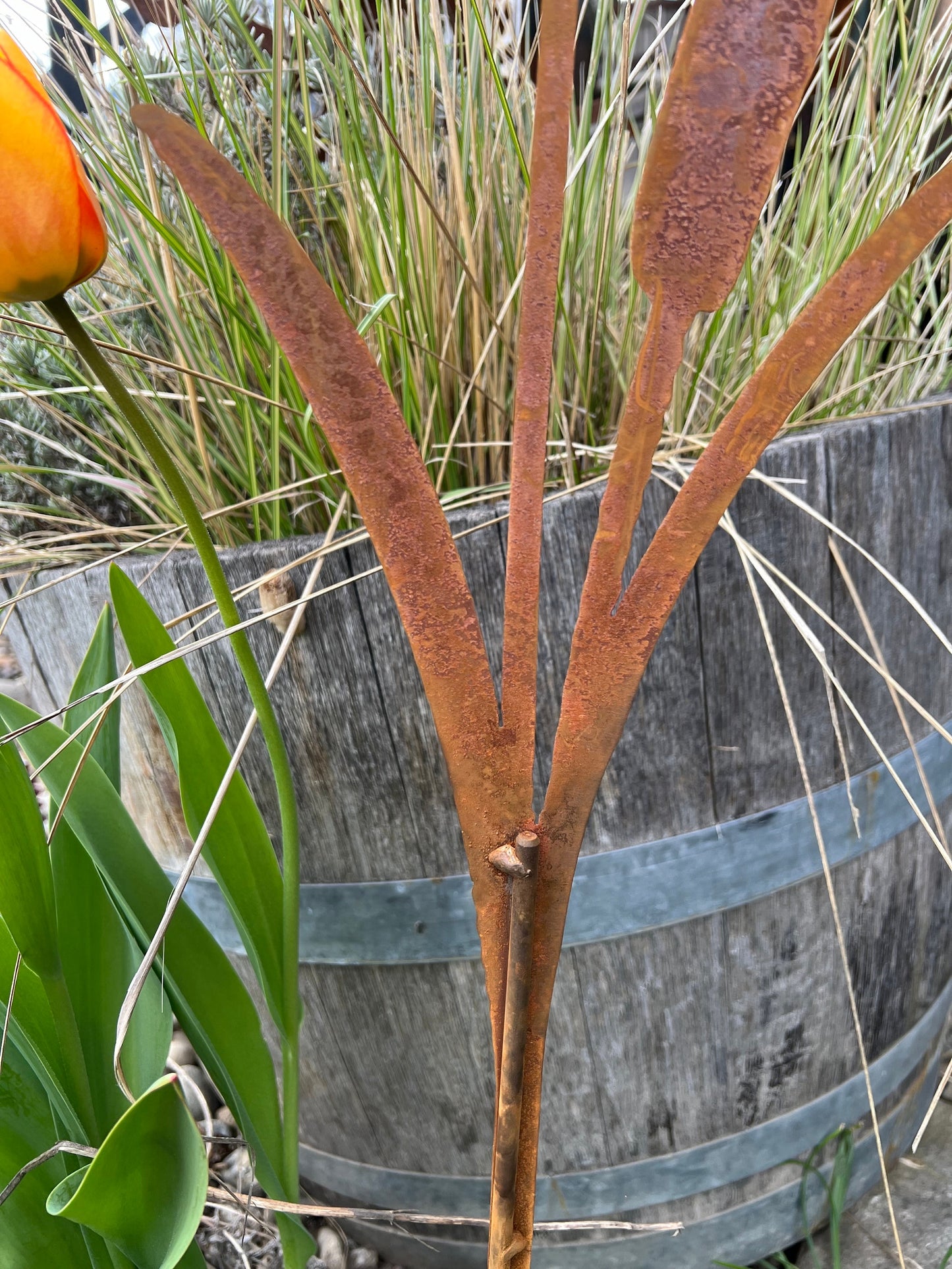 Rusty Metal Cattail Garden Stakes: Natural Rust Finish