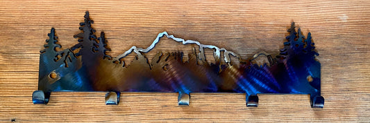 Mountain Key and Leash Hanger: Heat-Colored Metal Cabin Decor