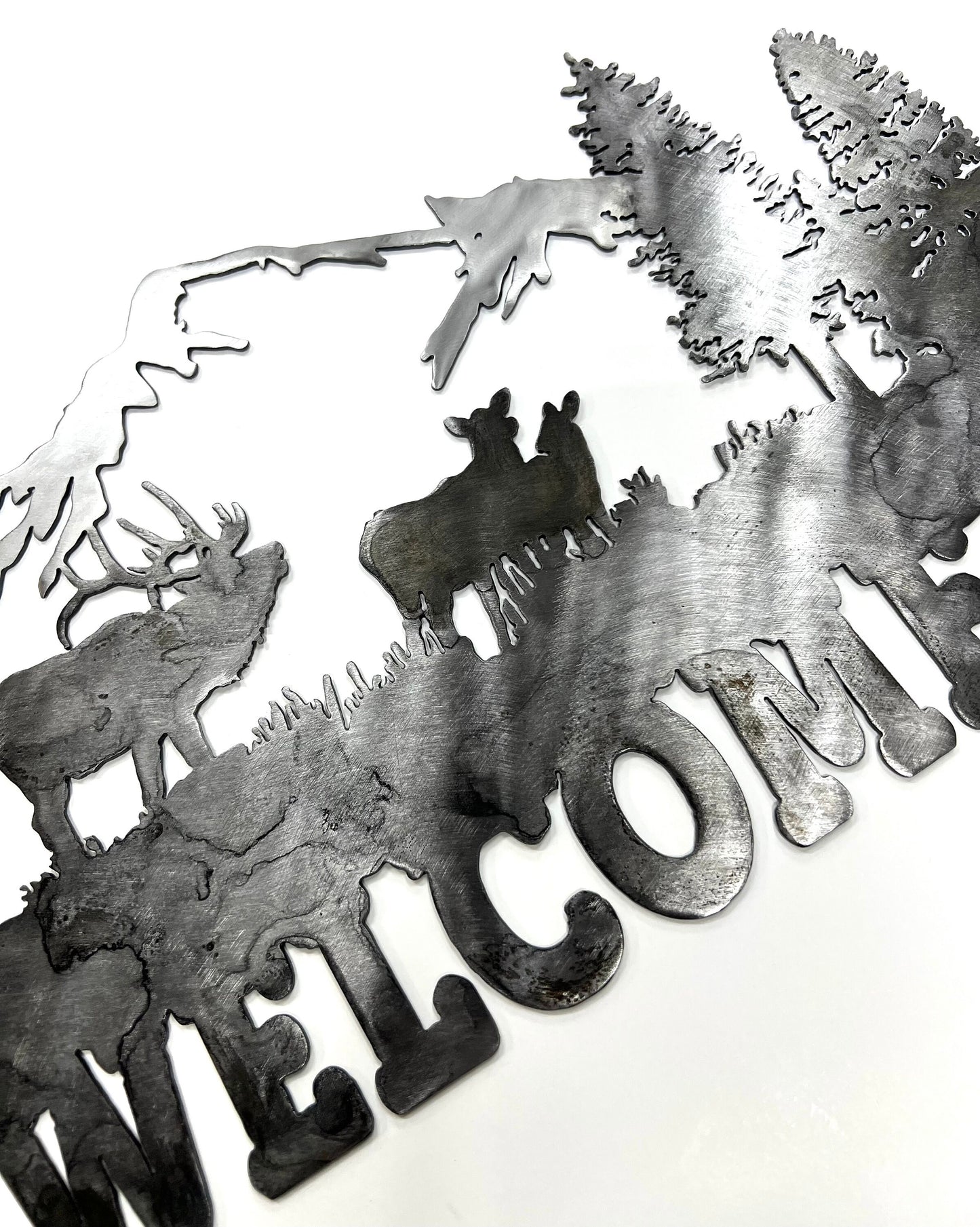 Metal Mountain Scene Welcome Sign: Elk Cabin Decor