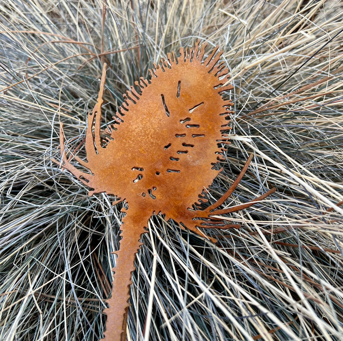 Rusty Thistle Garden Stake: Rustic Metal Garden Art