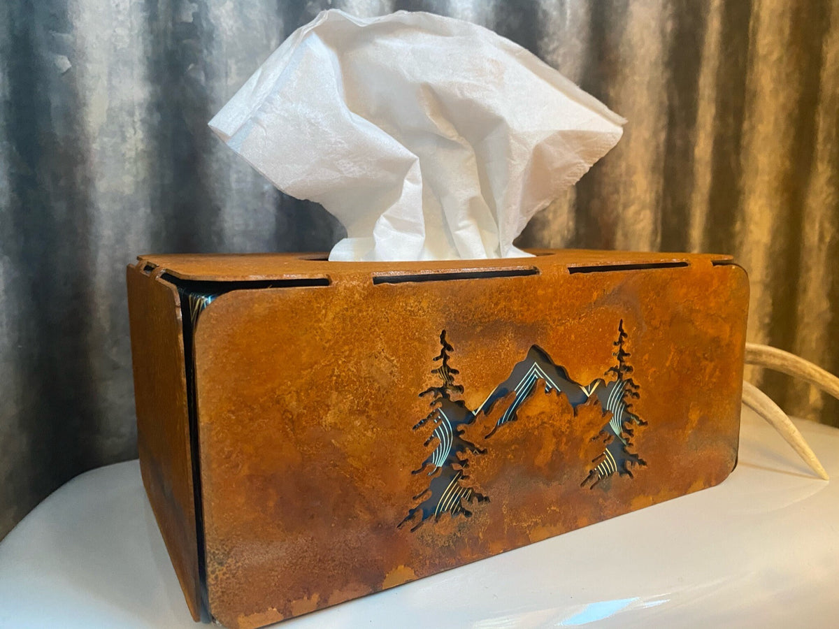 Rustic Steel Tissue Box Cover: Horse, Mountain, or Succulent Design