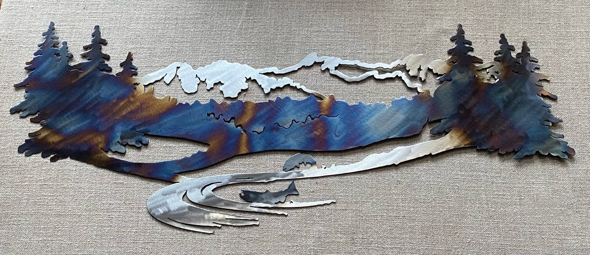 Heat-Treated Metal Mountain Scene Wall Art: Cabin Lodge Decor