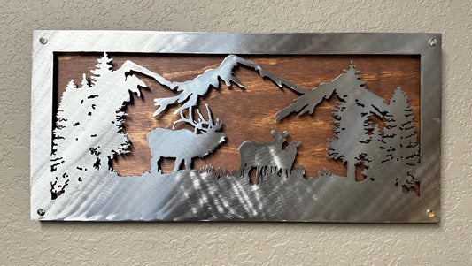 Metal and Wood Elk Scene: Rustic Mountain Wall Art