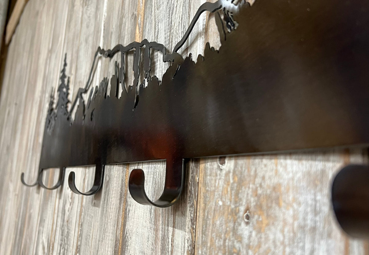 Mountain Towel Hanger: Metal Art Cabin Decor with 5 Hooks