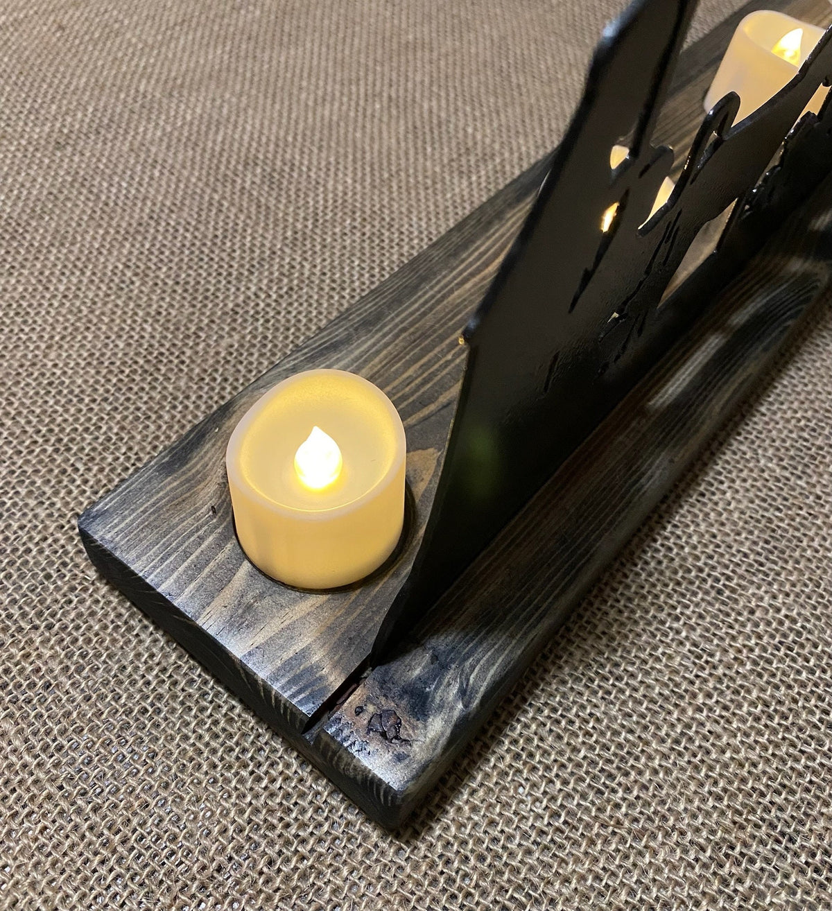 Metal Nativity Scene with Ebony Wood Base & LED Candles