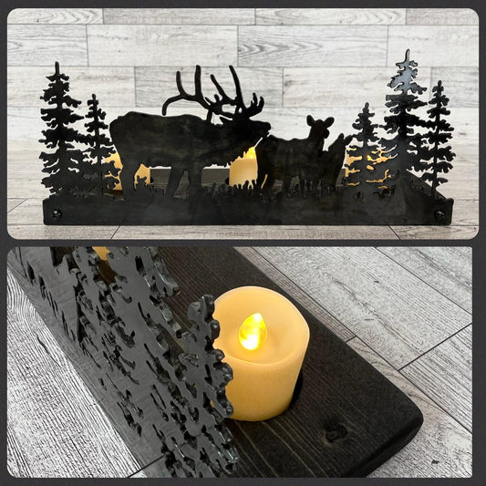 Elk Scene Candle Holder: Rustic Cabin Decor with LED Candles